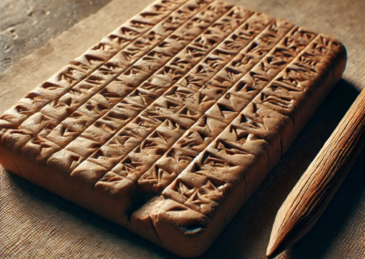 Ancient Mesopotamia clay tablet and wooden stylus