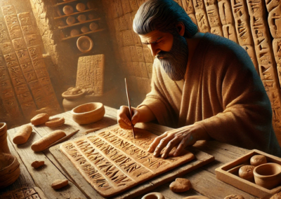 Scribe writing cuneiform on clay tablet