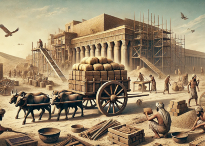 Wheeled cart in ancient Mesopotamia construction site